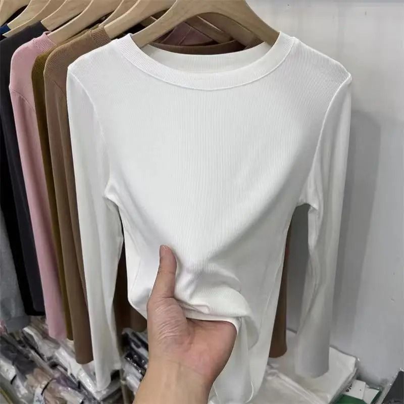 Womens Slim Fit O-Neck Long Sleeve Basic T-Shirt – Stretchy Ribbed Knit Casual Top