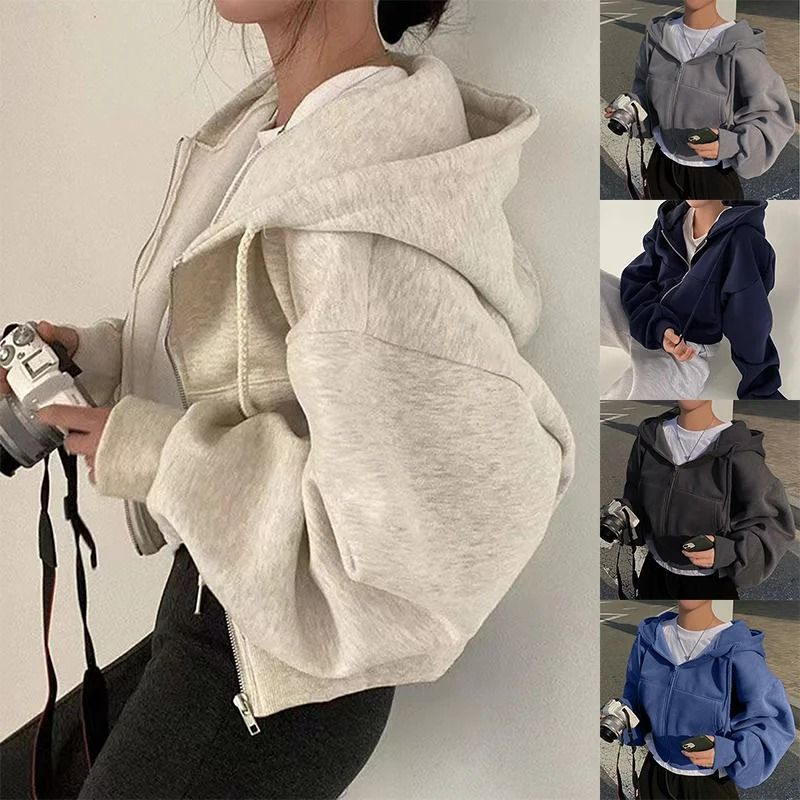Women Fleece Lined Cropped Zip Up Hoodie Slim Fit Warm Navy Blue Sweatshirt