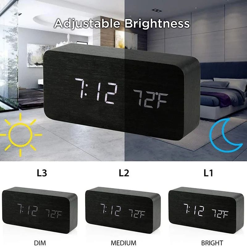 Wood Digital Alarm Clock with LED Temperature Display
