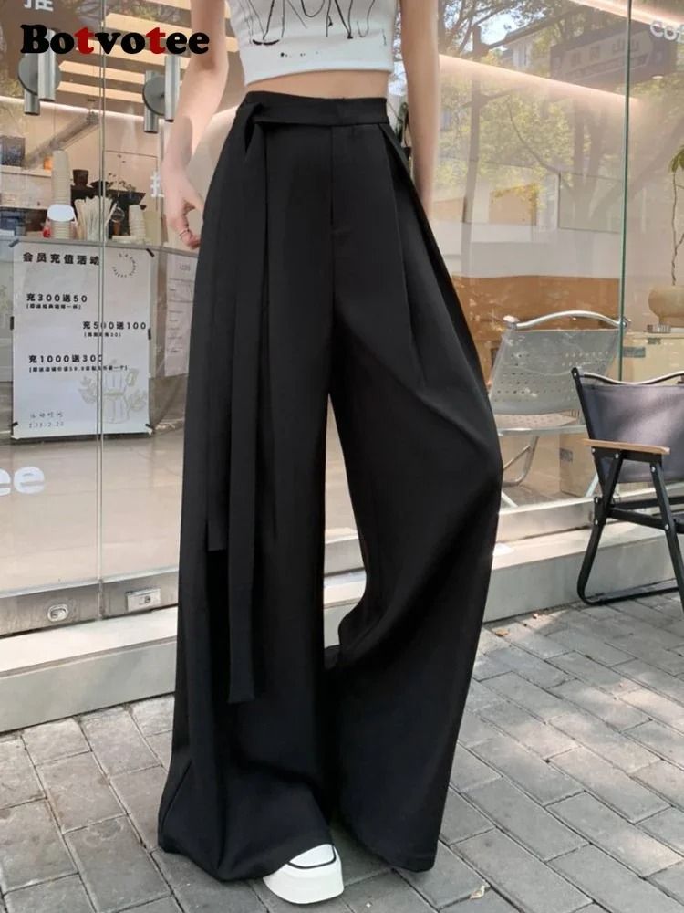 Botvotee Elegant Office Suit Pants High Waisted Wide Leg Baggy Blazer Trousers with Sashes