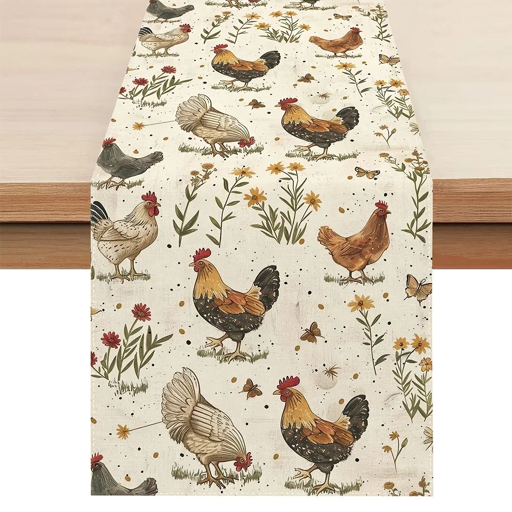 Farmhouse Rooster Linen Table Runner with Wildflower & Butterfly Design