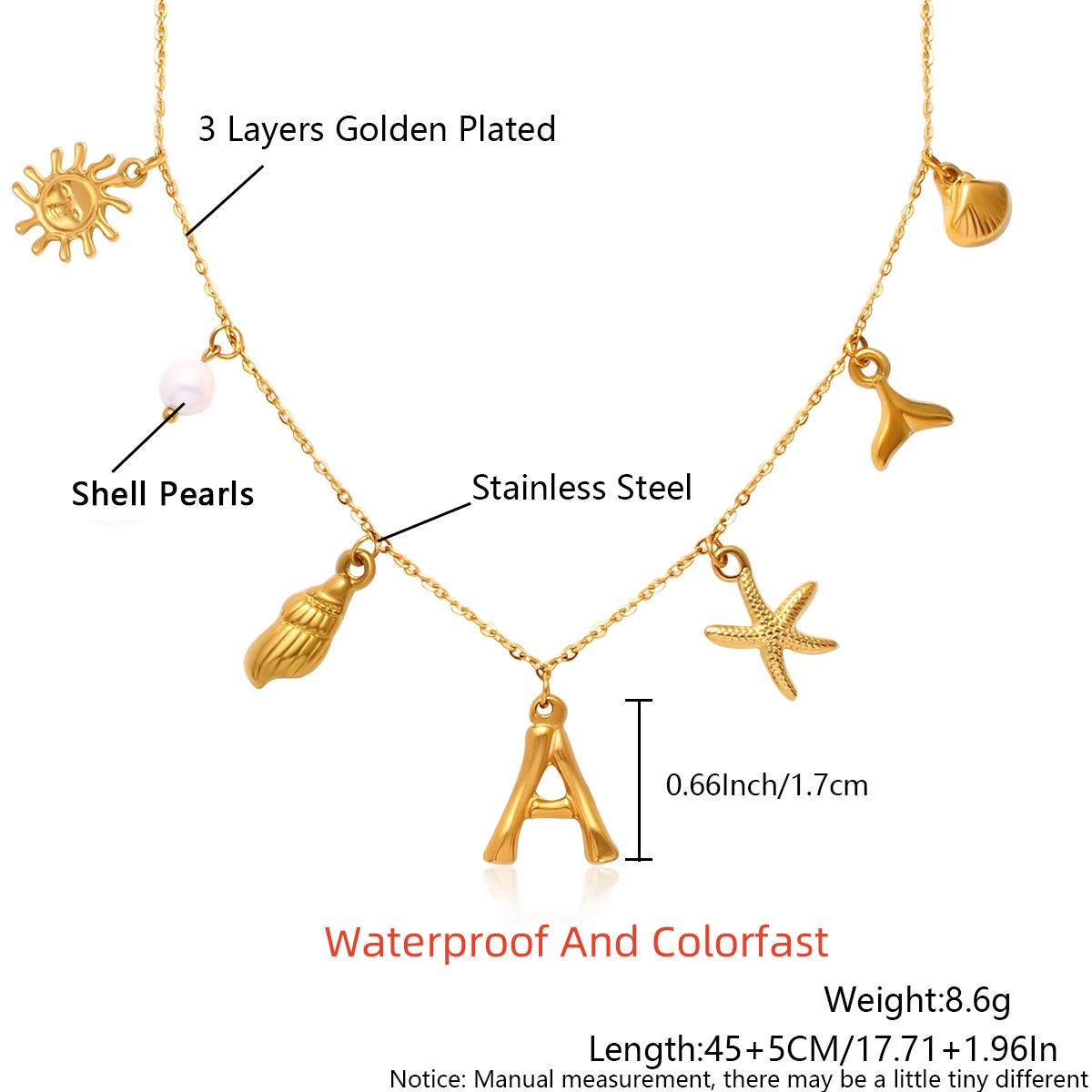 MHS.SUN Starfish Shell Initial Necklace, Waterproof 18K Gold Plated Stainless Steel Surfer Girl Charm Necklace Perfect