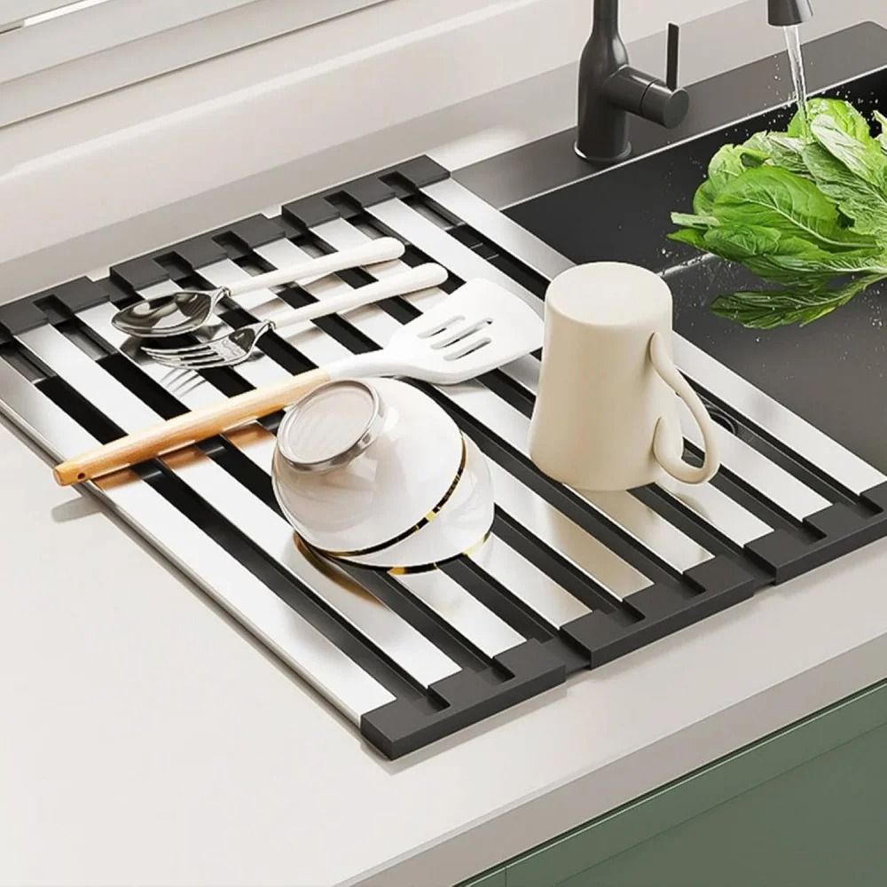 Premium 304 Stainless Steel Roll-Up Dish Drying Rack – Foldable & Retractable Sink Drainer