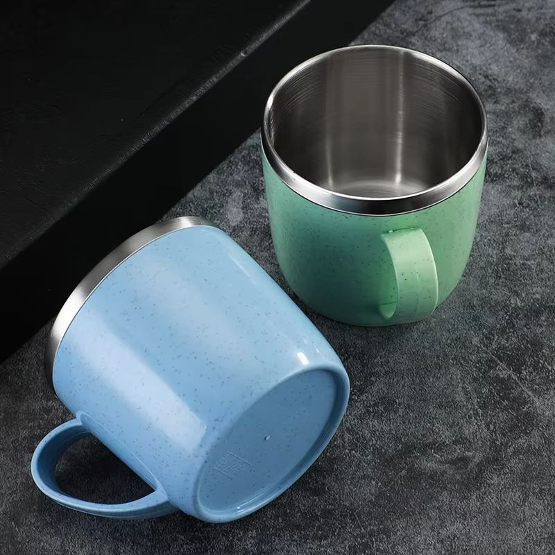 Simple Solid Color Stainless Steel Mug – Wheat Straw Element Small Water Cup, Anti-Scalding, Children's Drinking Cup