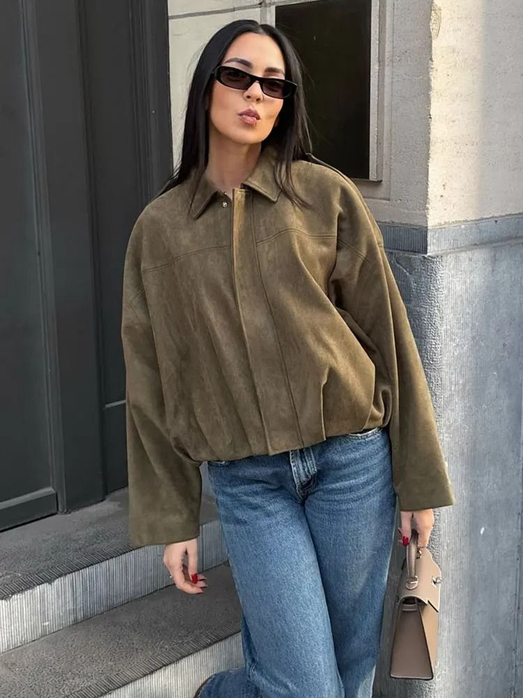 Womens Suede Bomber Jacket In Brown And Green