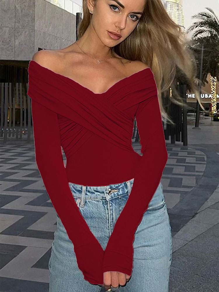 Spring Red Women's Bodysuit, Sexy Backless Corset Top, Slim Fashion Long Sleeve Romper