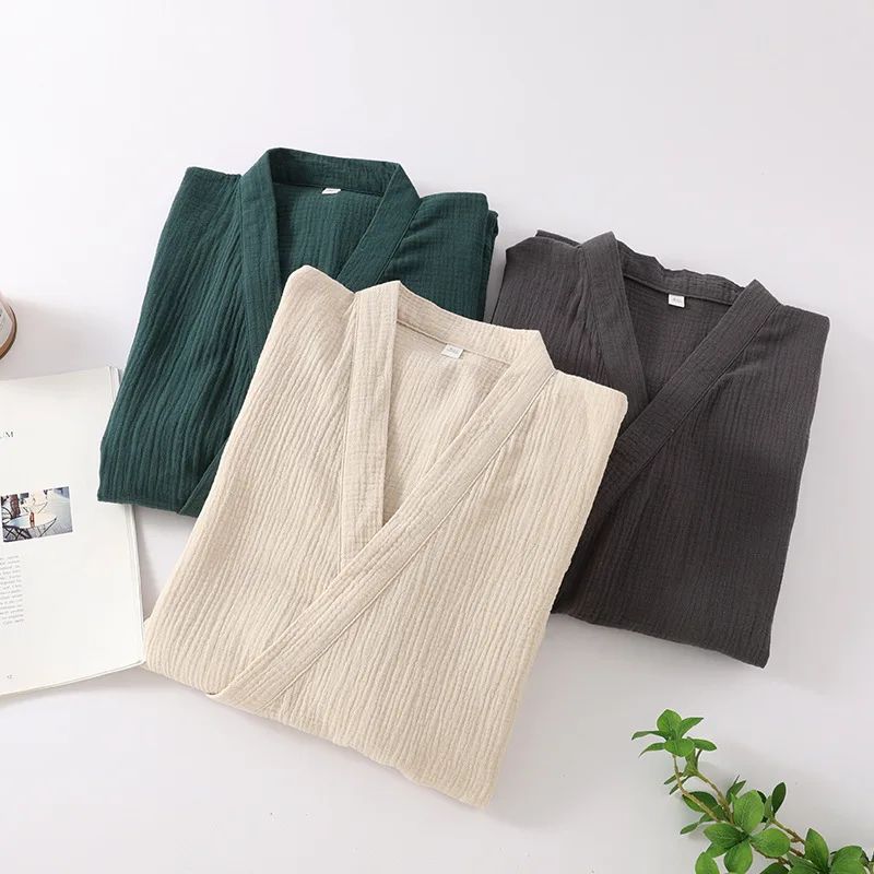 Unisex Cotton Kimono Robe Lightweight Couple Bathrobe Tie Waist Home Lounge Sleepwear