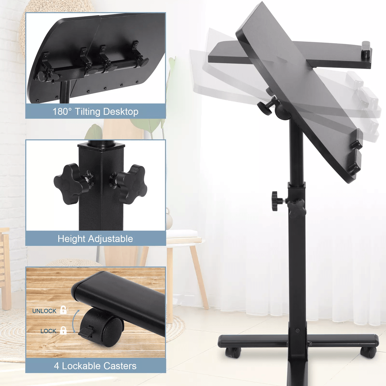 Adjustable Rolling Laptop Desk with Tilting Tabletop and Overbed Design