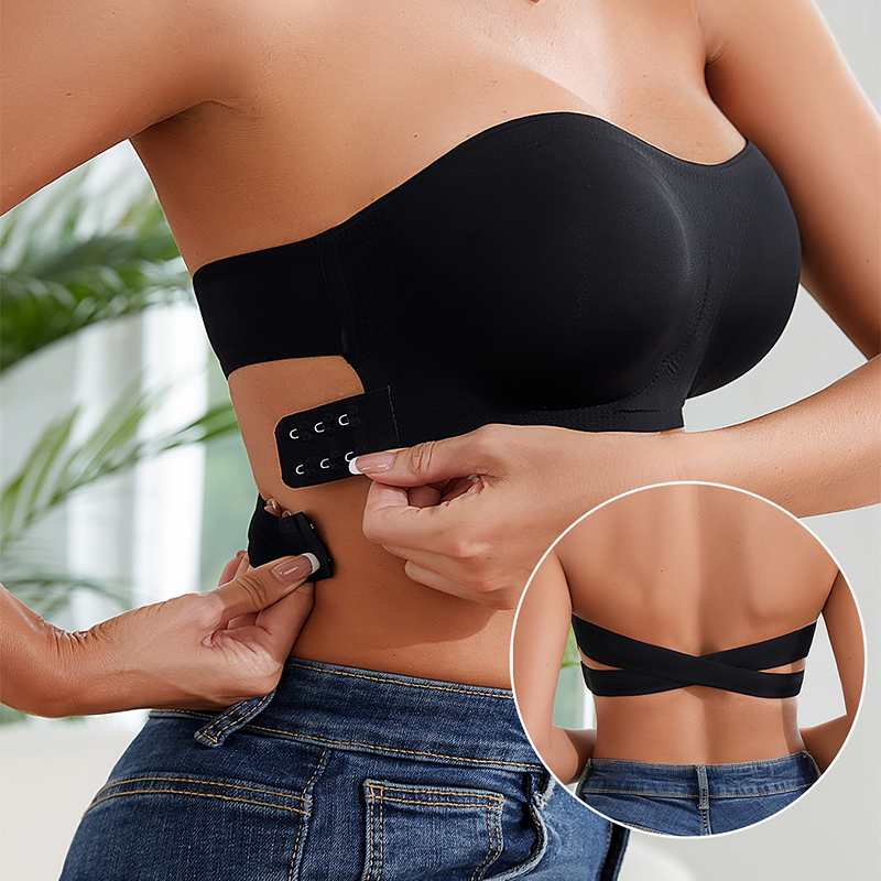 Womens Sexy Strapless Push Up Bra, Removable Paded, Seamless Ice Silk Top, Invisible Beauty Back, Anti-Slip Off-Shoulder