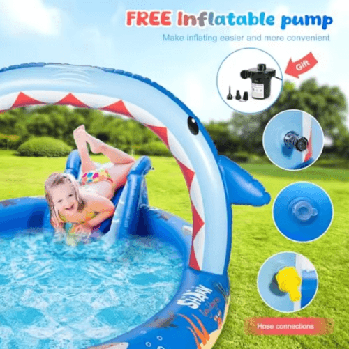 Dinosaur Inflatable Play Center Pool with Slide – Kids Backyard Water Play Center with Sprinkler & Pump