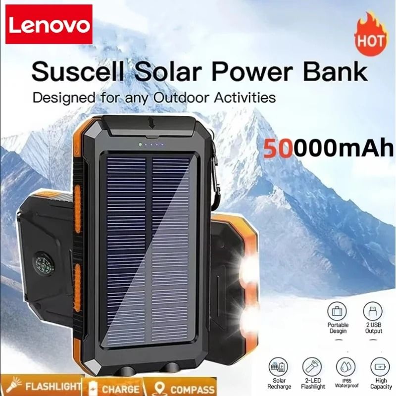 Lenovo 50000mAh Solar Power Bank – Portable External Battery with High-Power LED for iPhone & Samsung
