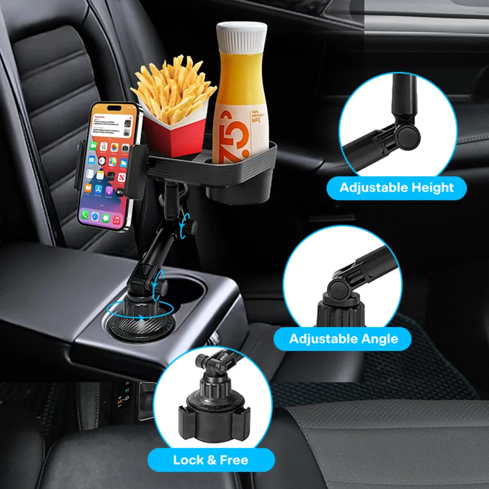 Adjustable Car Cup & Phone Holder Tray with Rotation