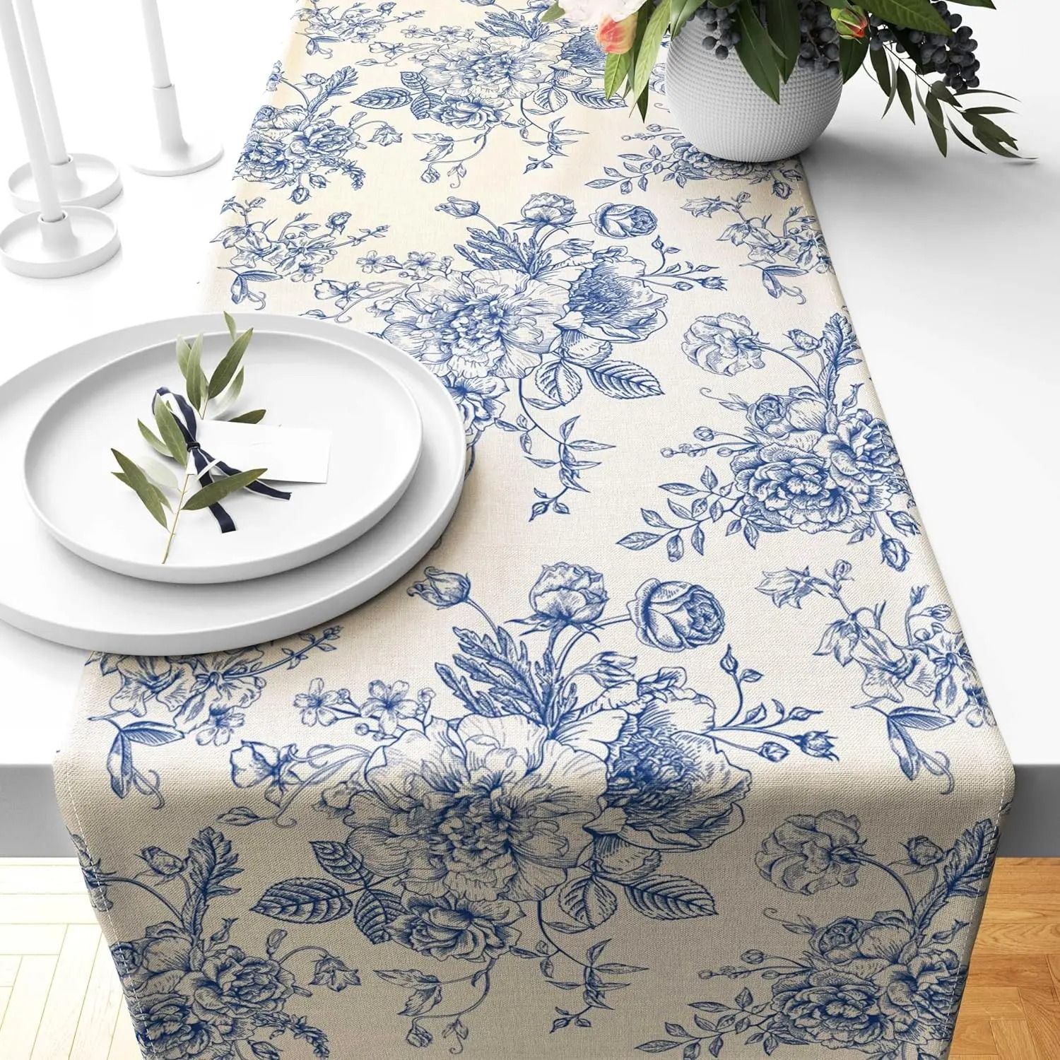 Chinoiserie Blue Flower Linen Table Runner | Porcelain-Style Floral Dining Decor & Dresser Scarf