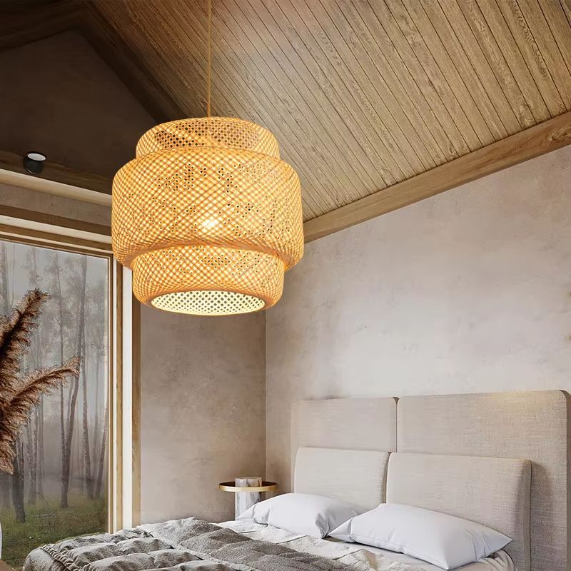 Bamboo Lantern Pendant Light – Hand-Woven Natural Rattan/Wicker, E27 Hanging Fixture for Home & Restaurant Decor