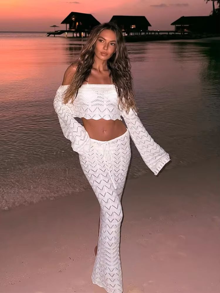 ChicWave Summer Knit Beach Set Two Piece Drawstring Skirt and One Shoulder Top