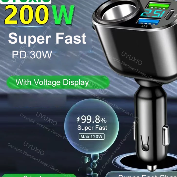 Voltage Display Car Phone Charger Adapter, Extend Port, Super PD Fast Charge for iPhone Samsung