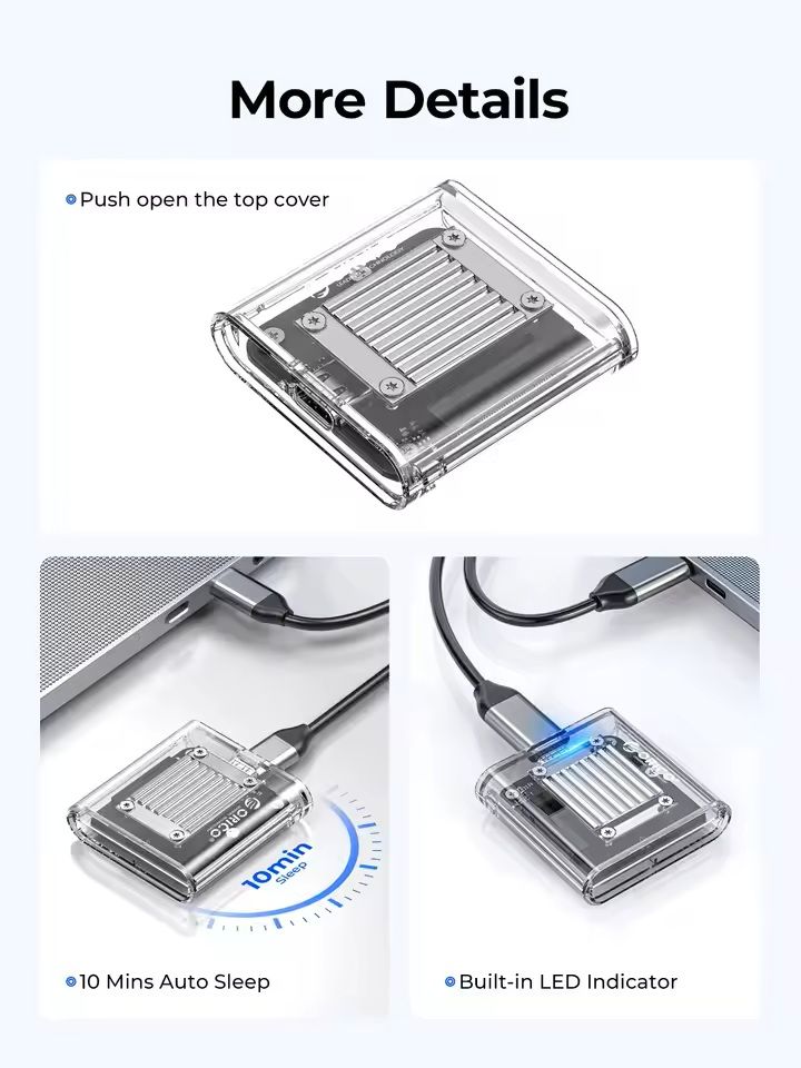 Transparent NVMe SSD Enclosure USB C Adapter 10Gbps
