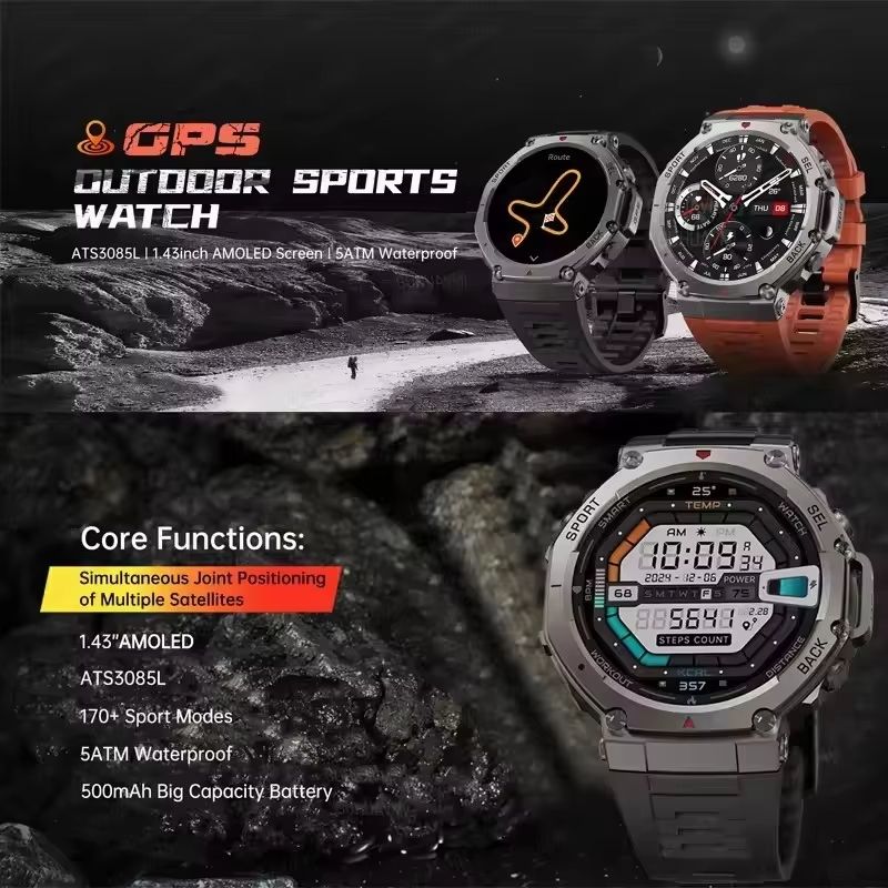 T-Rex 3 Ultra GPS Smartwatch – 5ATM Waterproof Military Sports Watch with Dual-Band GNSS & Compass (2025 Edition)