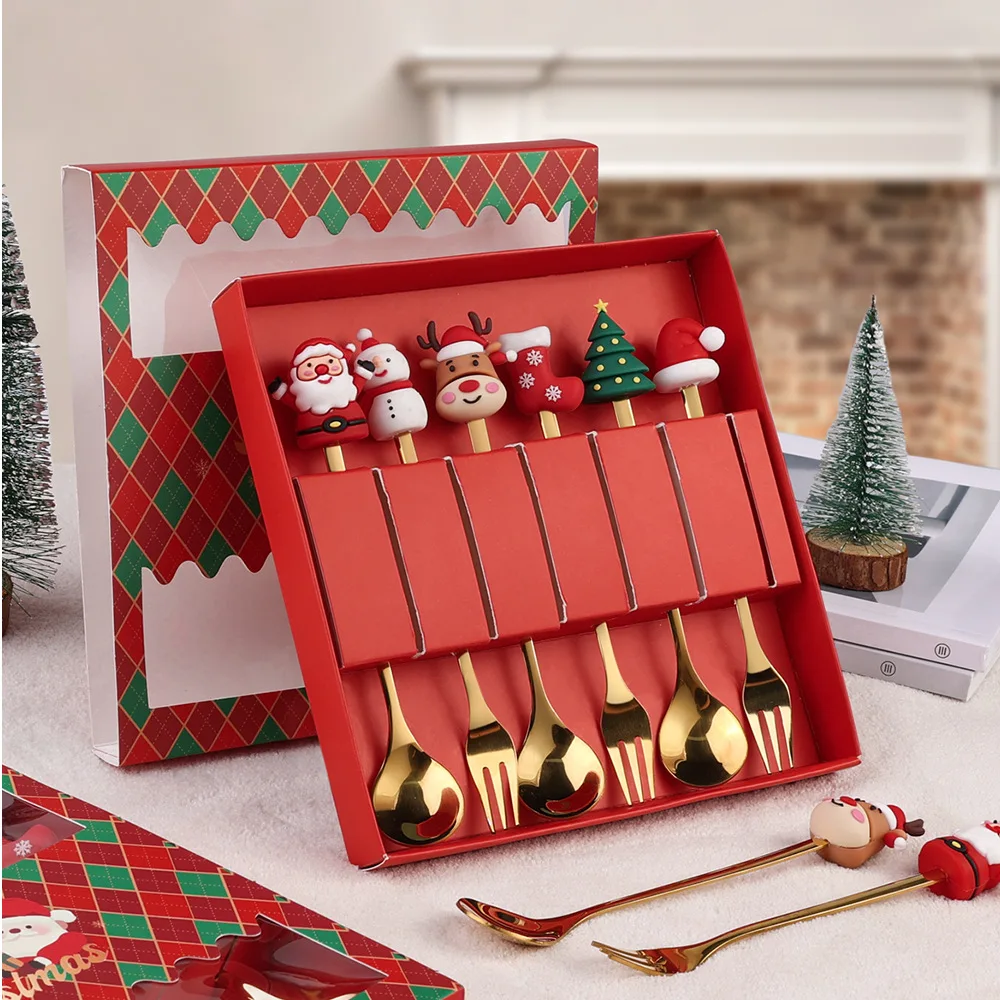 Christmas Gift Set, Gold Silver Cutlery, Spoon Fork Set, Elk Tree Decoration, Dessert Scoop, Fruit Fork, Coffee Spoon