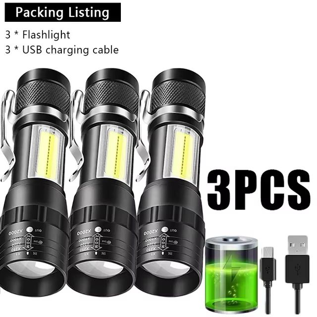 USB Rechargeable Mini COB+XPE LED Flashlight with Zoomable Beam and 3 Modes