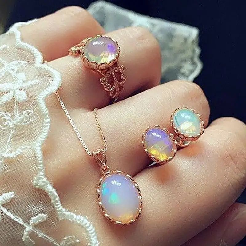 Natural Opal Jewelry Set 3-Piece Matching Pendant Necklace, Earrings & Ring – Elegant Gemstone Gift Set for Women