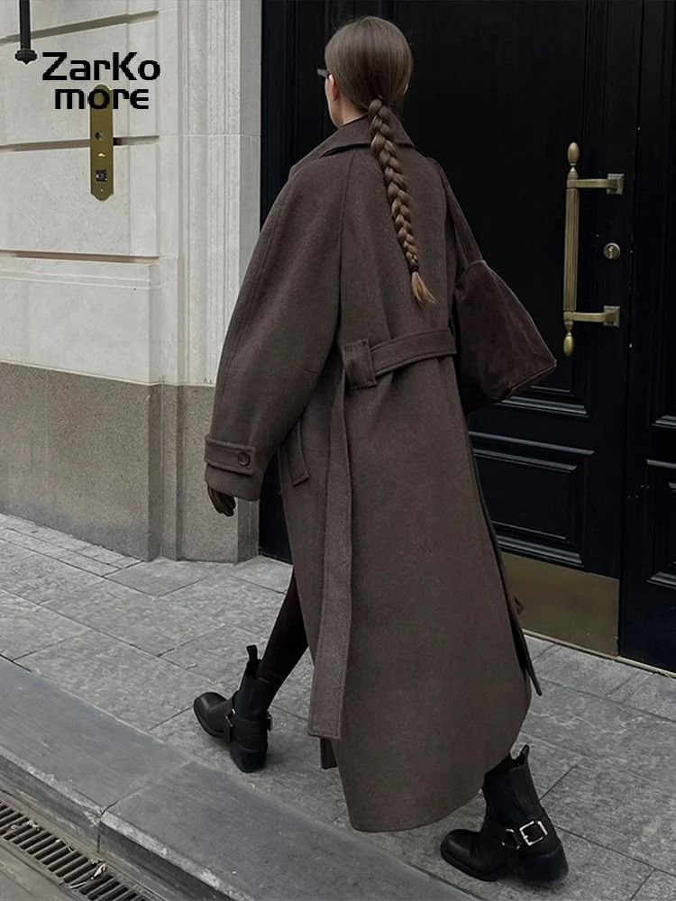 Elegant Womens Grey Belted Wool Coat Double Breasted Long Winter Peacoat
