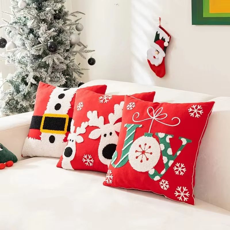 Embroidered Christmas Pillowcase Decorative Cushion Cover for Sofa and Living Room Holiday Decor