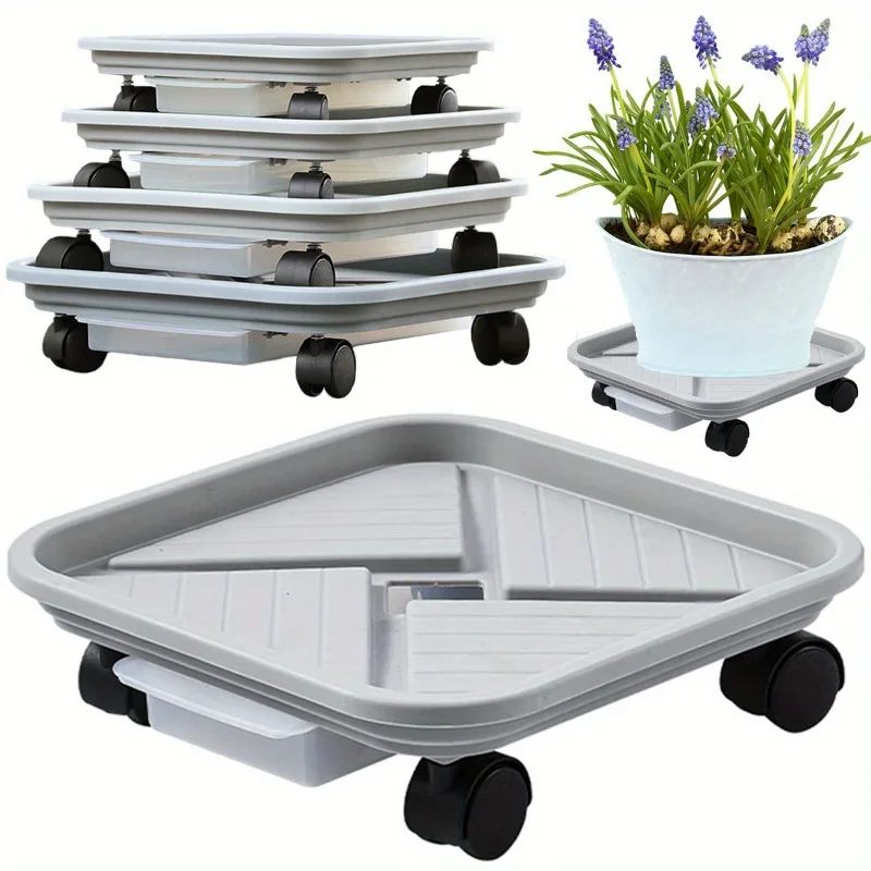 Rolling Plant Caddy with Drainage Tray – Square Wheeled Flower Pot Mover & Garden Plant Stand
