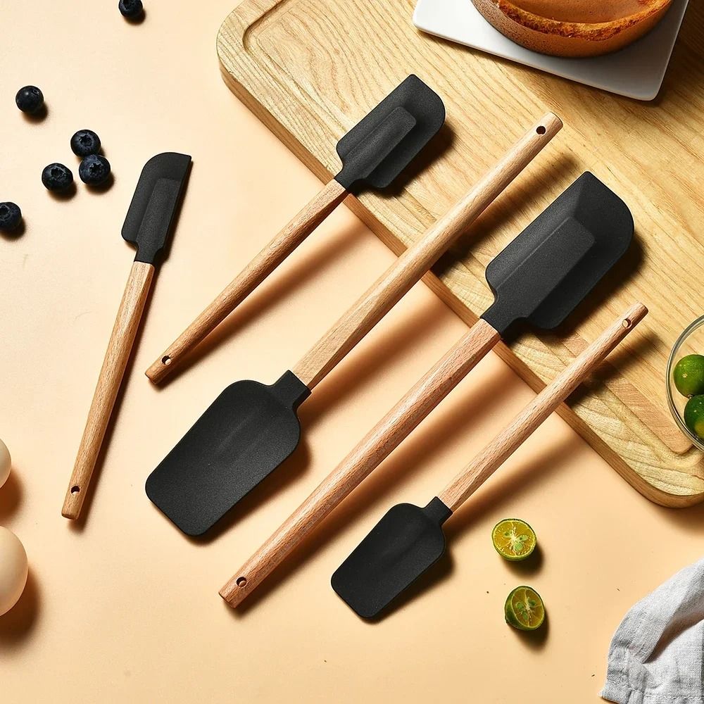 Silicone Spatula Set with Wooden Handles for Baking and Mixing