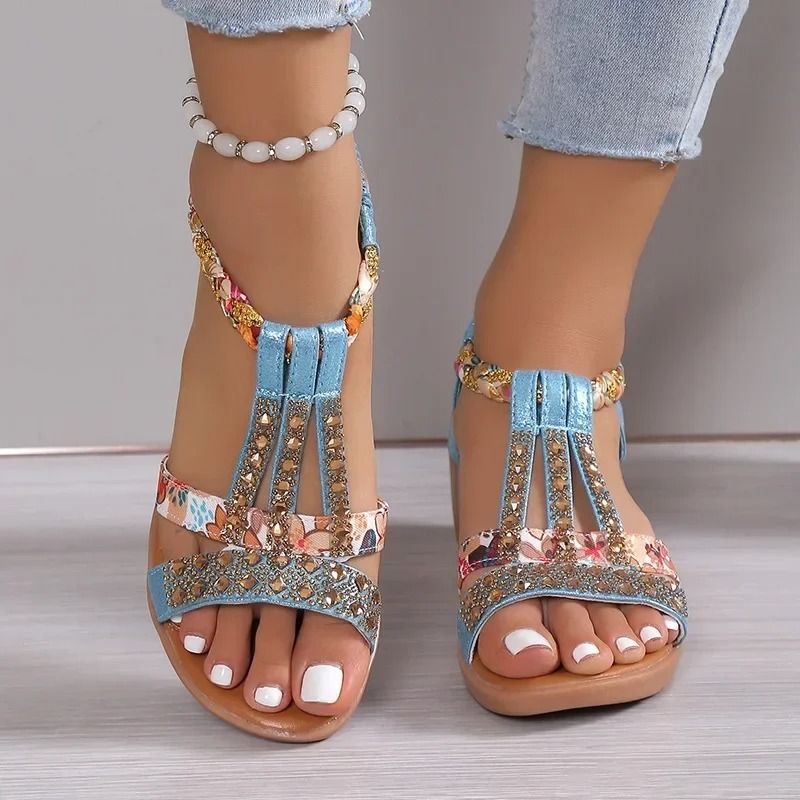 Womens Summer Wedge Sandals with Rhinestone Detail Platform Peep Toe Design for Beach and Casual Wear