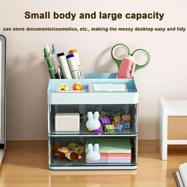 Desk Organizer with Drawer, Office Storage Box, Makeup and Business Card Organizer, Stationery & Mobile Phone Holder