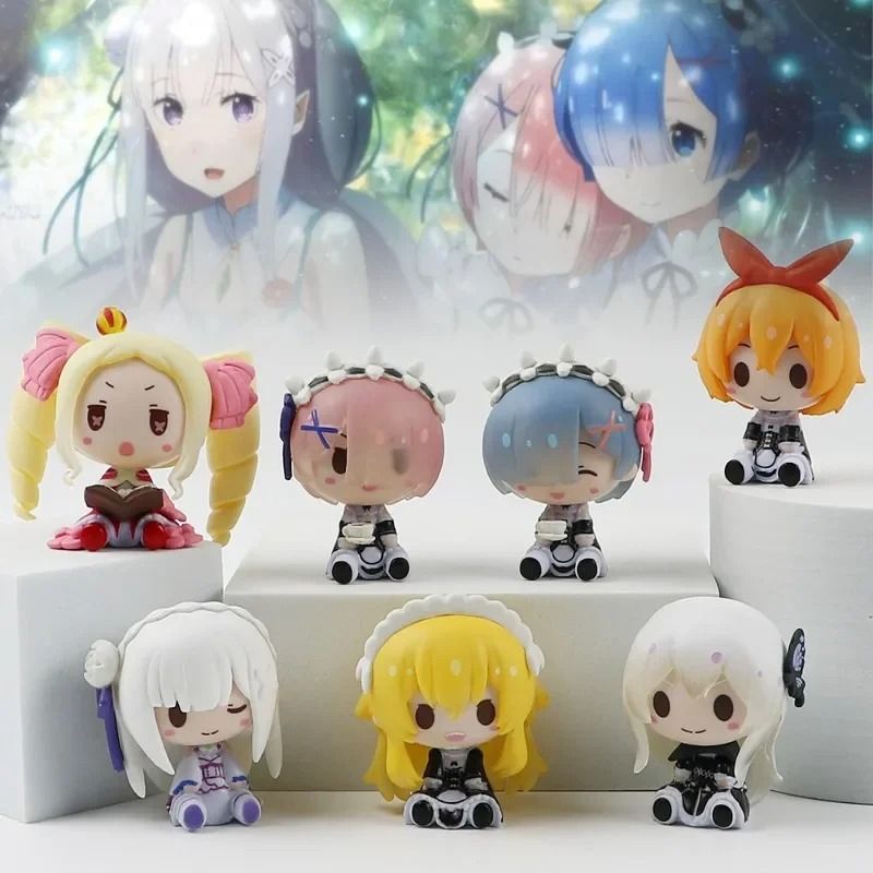 Re Zero Anime Figure Set – 7pc Rem, Ram & Emilia Mini Statues – PVC Action Figurine Desktop Decoration