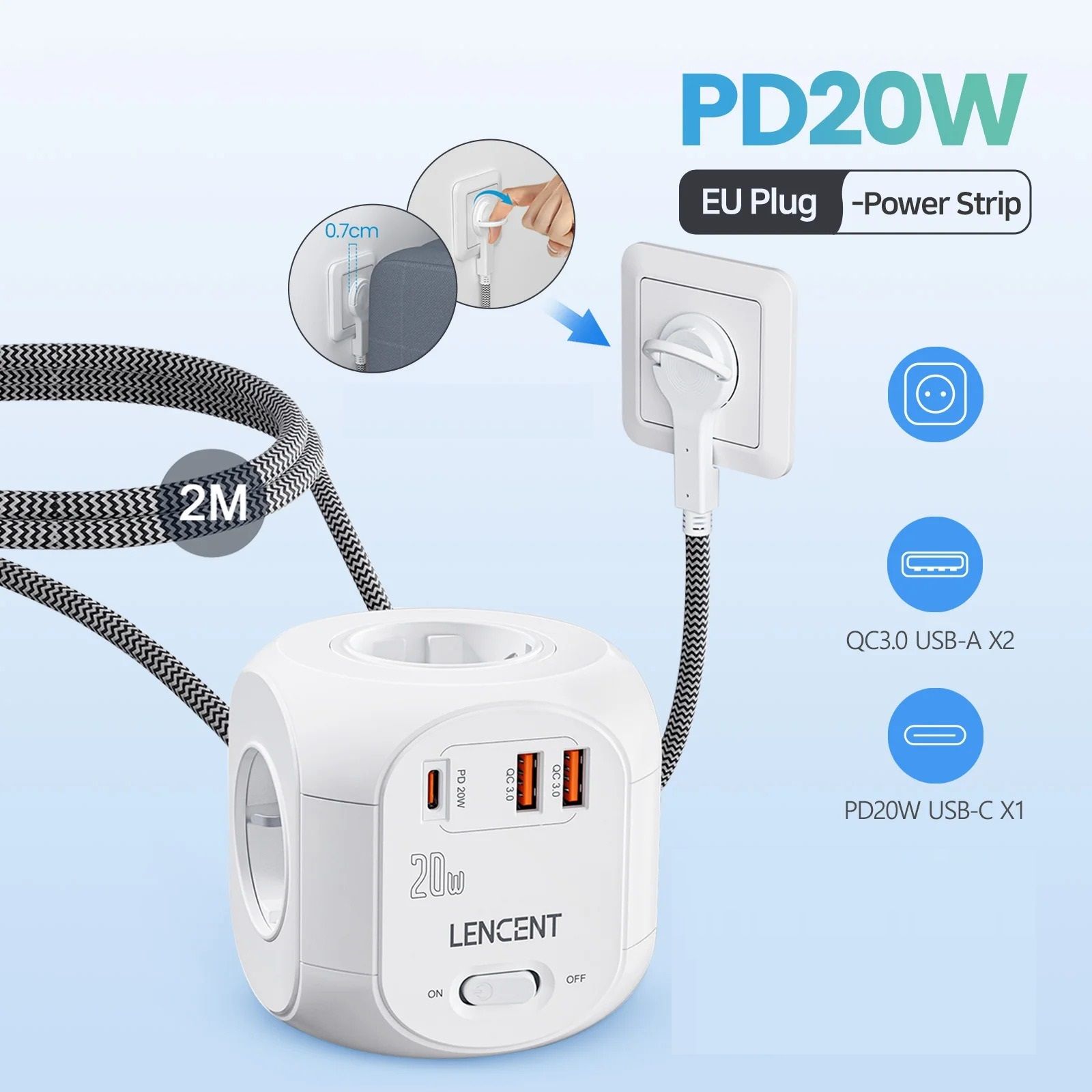 Flat EU Plug Power Cube with Fast Charging & Multiple Outlets