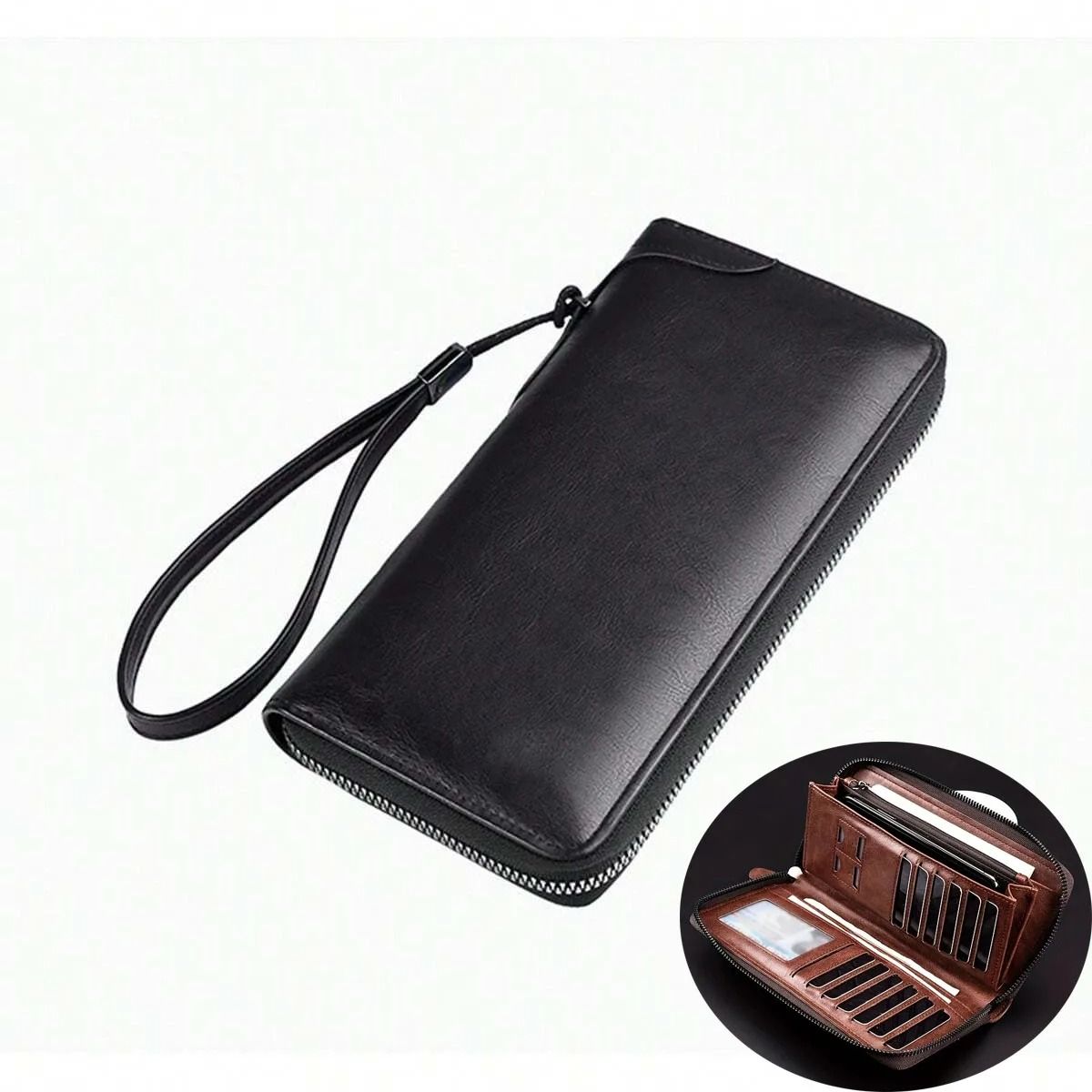 Mens Long Zipper Wallet with RFID Blocking and PU Leather Design