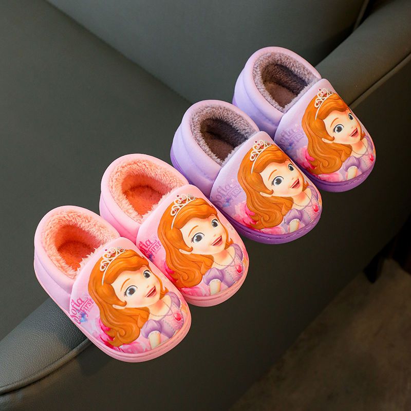 Elsa Winter Cotton Slippers for Girls, Disney Princess Frozen Heel Slippers, Black Purple Kids' Warm Flats Shoes