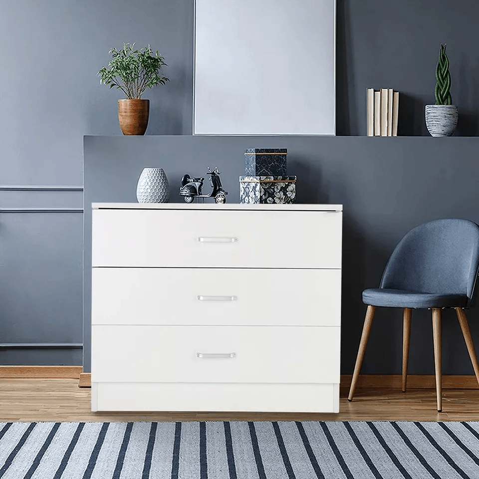 Bedroom Storage Dresser 3 Drawers with Cabinet, White Wood Furniture for Kid's Room Organizer