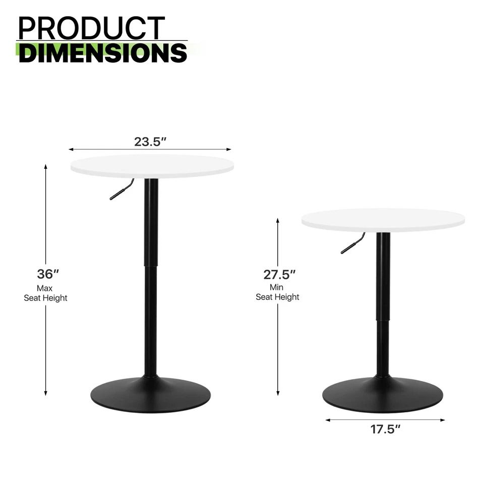 Adjustable Height Bar Table, White Wooden Round Top, Chrome Base for Pub, Kitchen & Patio