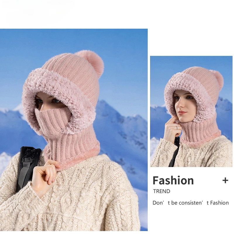 Women's Hooded Knit Balaclava Hat – Winter Velvet Fluffy Ear Protection Neck Warmer