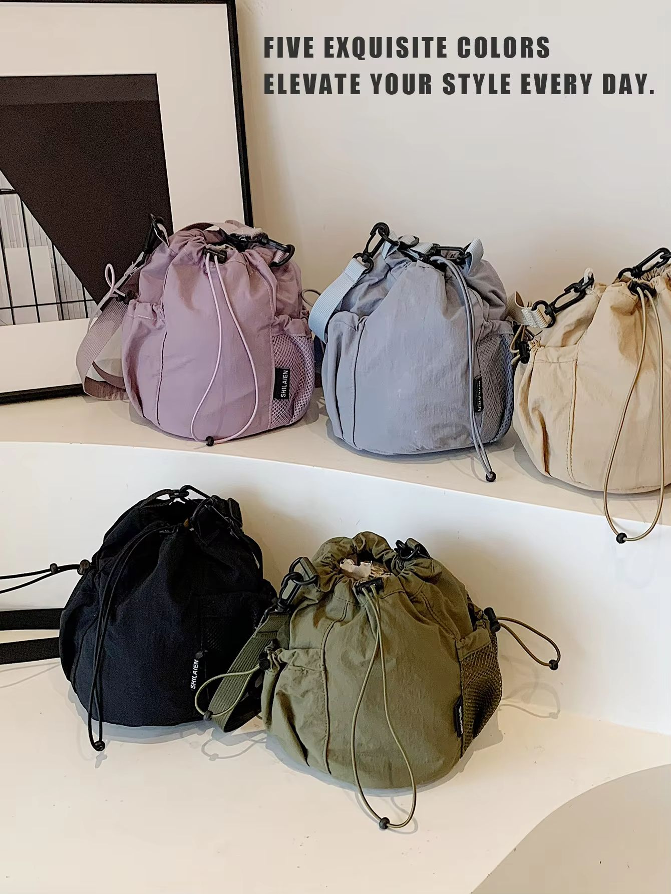 K-Style Niche Lightweight Nylon Drawstring Crossbody Bag