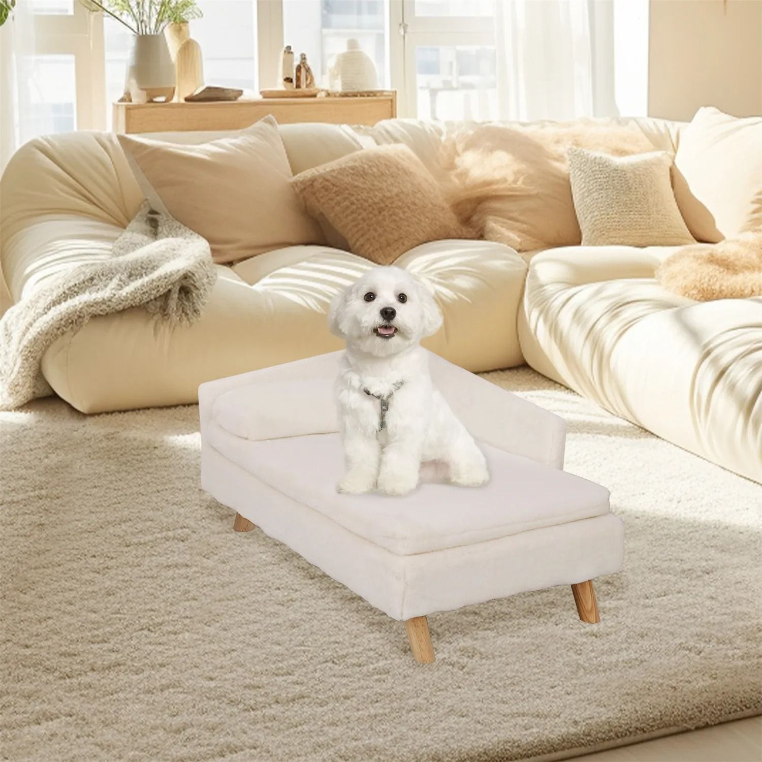 Elevated Pet Sofa Bed with Wood Legs and Waterproof Cozy Pad