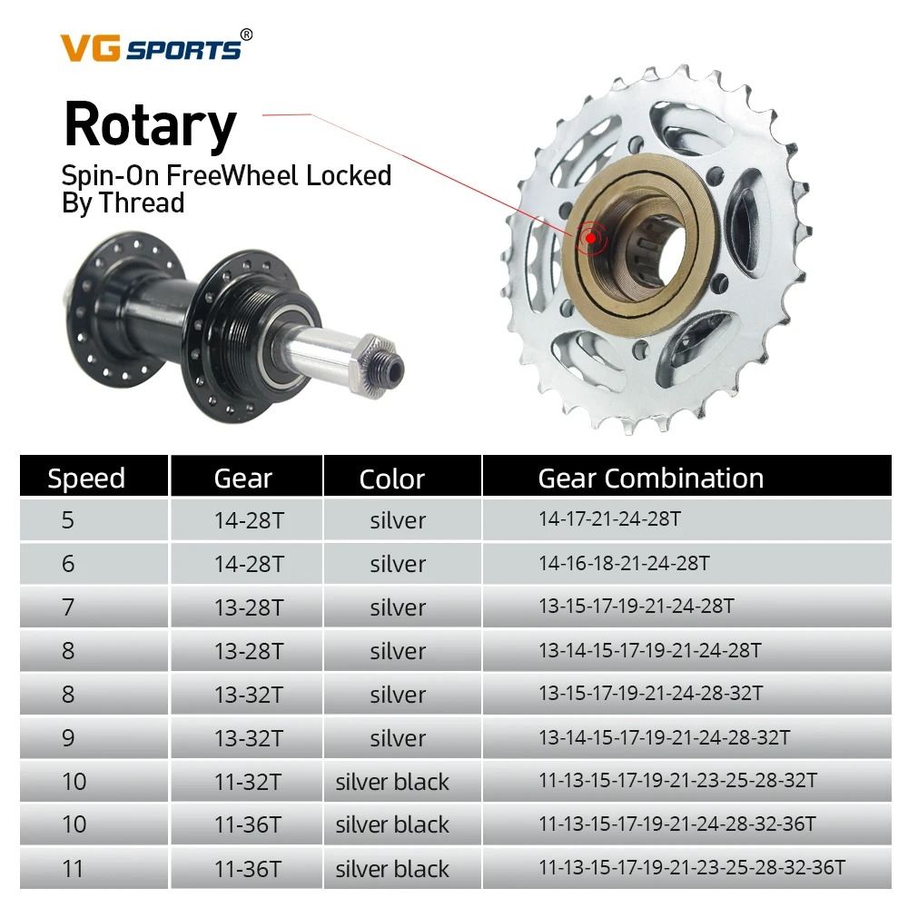 VG Sports Bike Freewheel Sprocket 5–11 Speed Compatible with Rotary Hubs