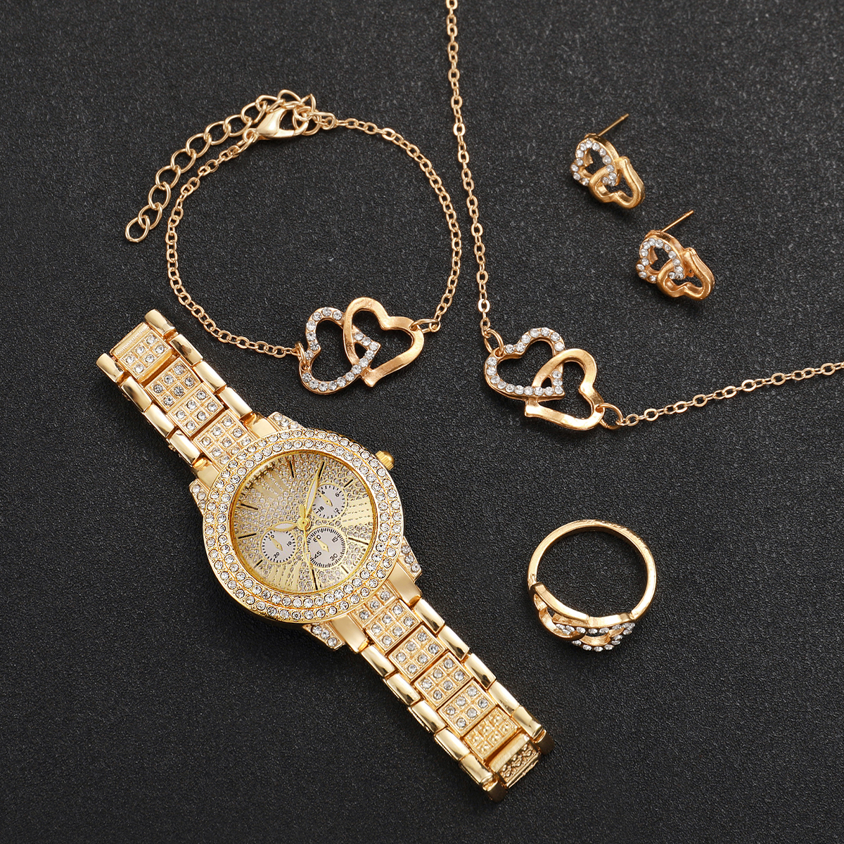 Ladies Fashion Luxury Three Eyes Dial Wristwatch, Full Diamond Alloy Strap with Heart Jewelry Set