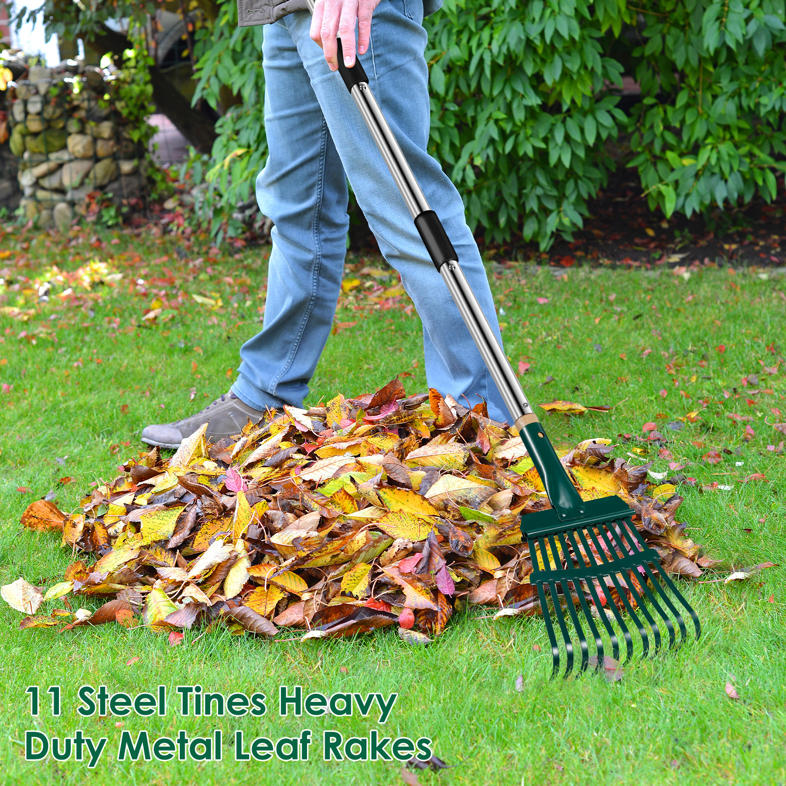 Adjustable Garden Leaf Rake, 11 Prong Strong Rake for Autumn Garden Flower Bed Cleaning