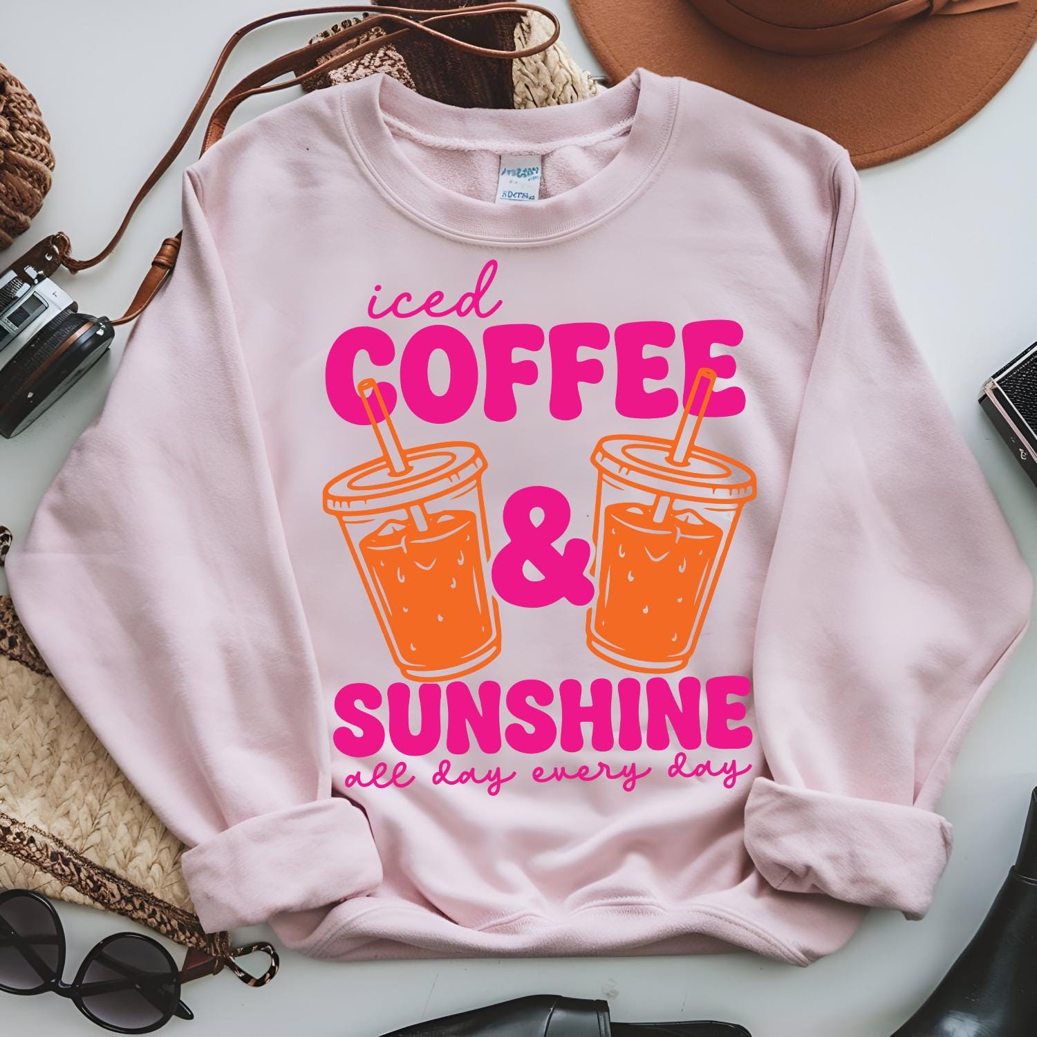 Iced Coffee and Sunshine Shirt Cute Coffee Lover Summer Graphic Tee Gift