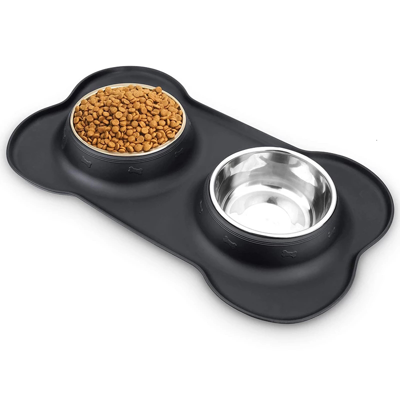 Double Dog Bowl Stainless Steel Pet Feeding Station with Non Slip Silicone Mat