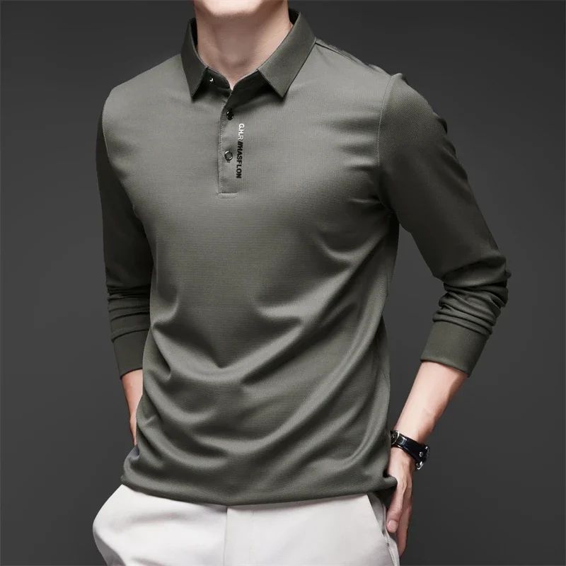 Men's Solid Polo Shirt – Long Sleeve Business Casual Polo with Badge, Anti-Wrinkle Breathable Shirt