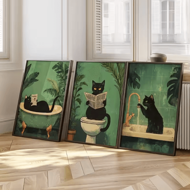 Funny Black Cat Bathroom Wall Art Set – Vintage Toilet Humor Canvas Prints (3PCS)