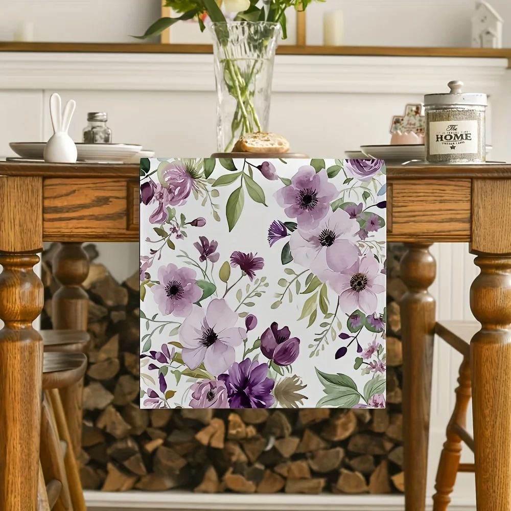 Watercolor Purple Floral Linen Table Runner Decor