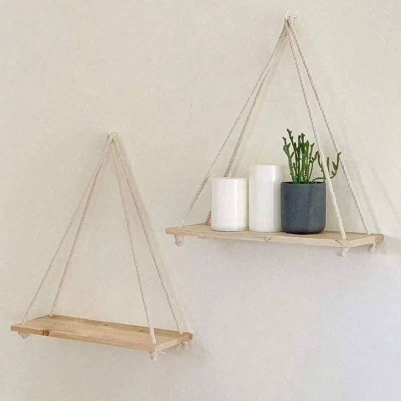 Wooden Hanging Rope Shelf Floating Wall Plant Display Tray