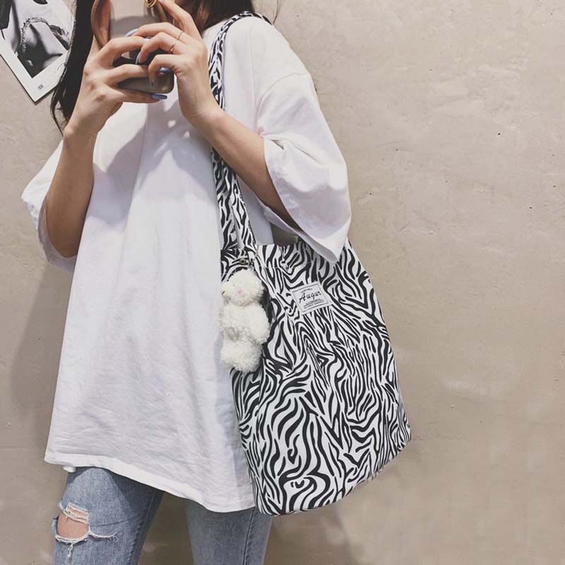 Leopard Print Canvas Tote Bag Large Capacity Stylish Shoulder Shopping Bag